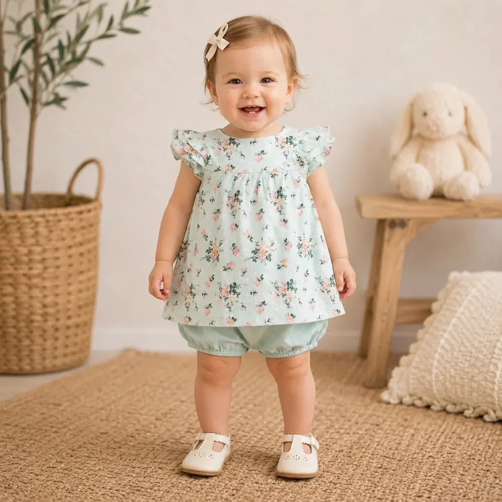 Janie & Jack Green Floral Layered Romper 12 to 18 Months